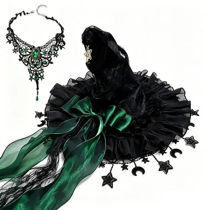 2-Piece Gothic Witch Hat & Moon Star Necklace Set – Starry Tulle Halloween Party Accessories