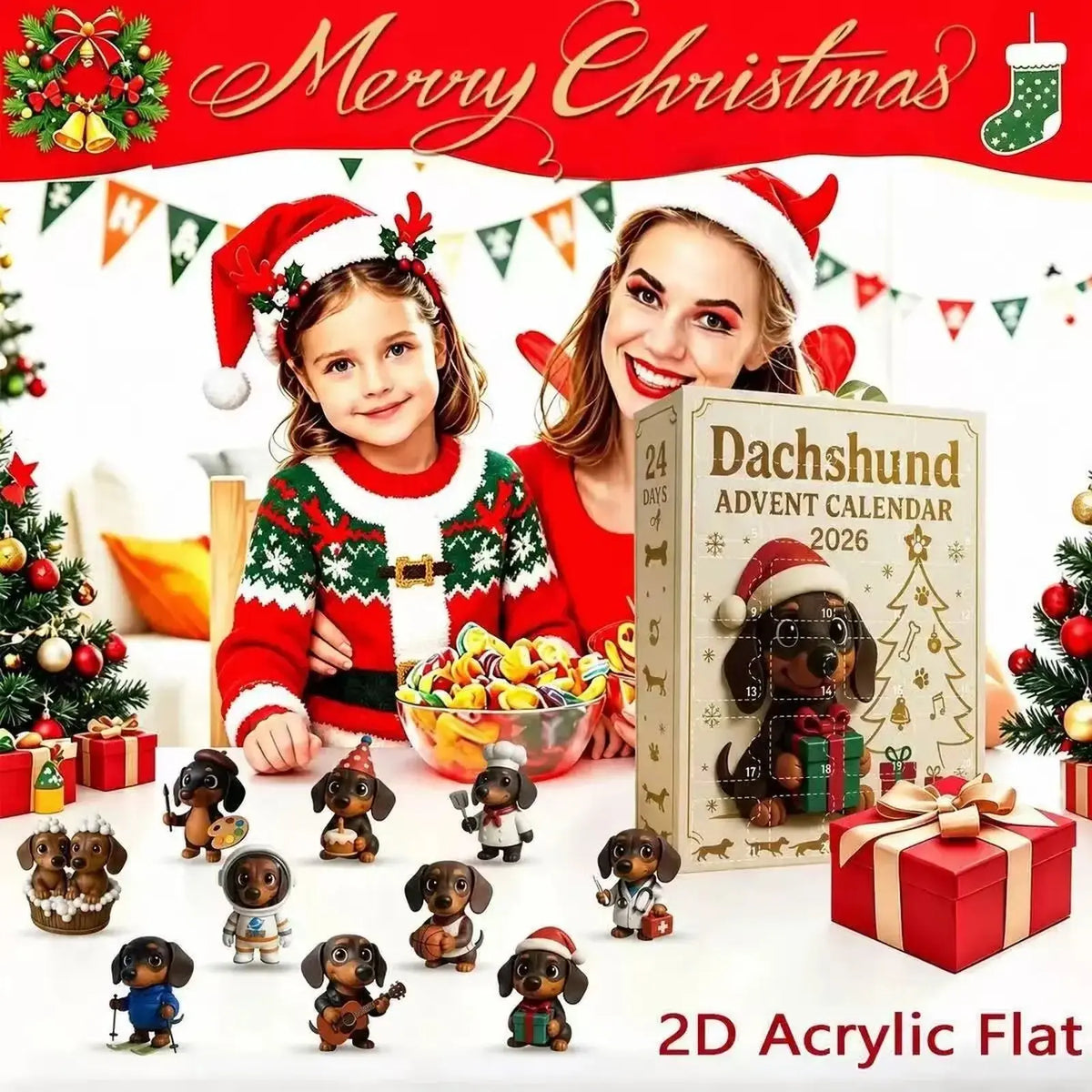 Christmas 24‑Day Countdown Surprise Box, Hanging Puppy Ornaments for Holiday Decor