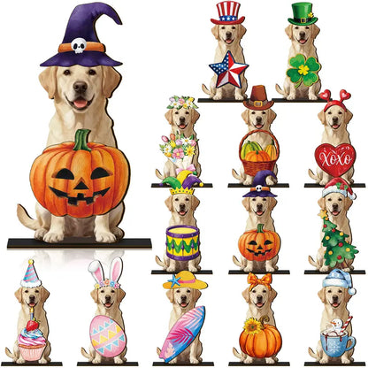 Halloween Golden Retriever Desk Sign with Magnetic Hat, Cute Wooden Decor for Dog Lovers & Pet Families