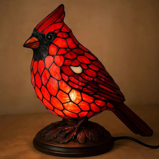 Red Cardinal Stained Glass Style Night Light Lamp – Resin Bird Table Lamp for Home Decor & Gifts