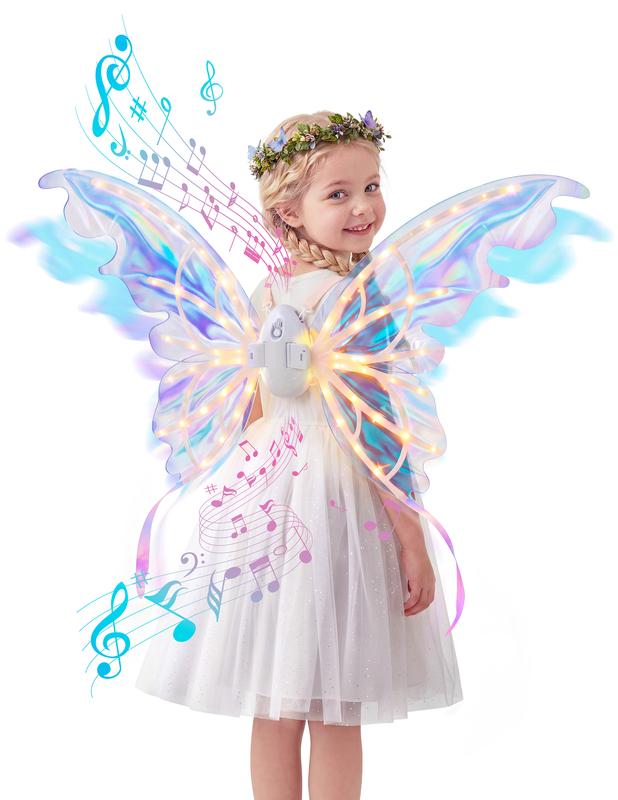 Electric Butterfly Wings with LED Lights & Music, Moving Fairy Wings for Halloween Cosplay & Parties