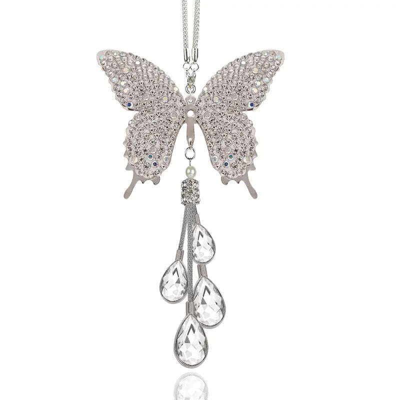 Bling Crystal Butterfly Car Charm, Rhinestone & Pearl Rearview Mirror Pendant, Cute Girly Car Hanging Decoration