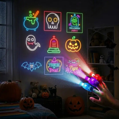 24Pcs Plastic LED Finger Projection Light Set with Halloween Patterns, Creepy Accessories for Halloween Costume, Spooky Glow Finger Flashlights Bulk with Included Cells, Kids Party Favors for Trick-or-Treat Events