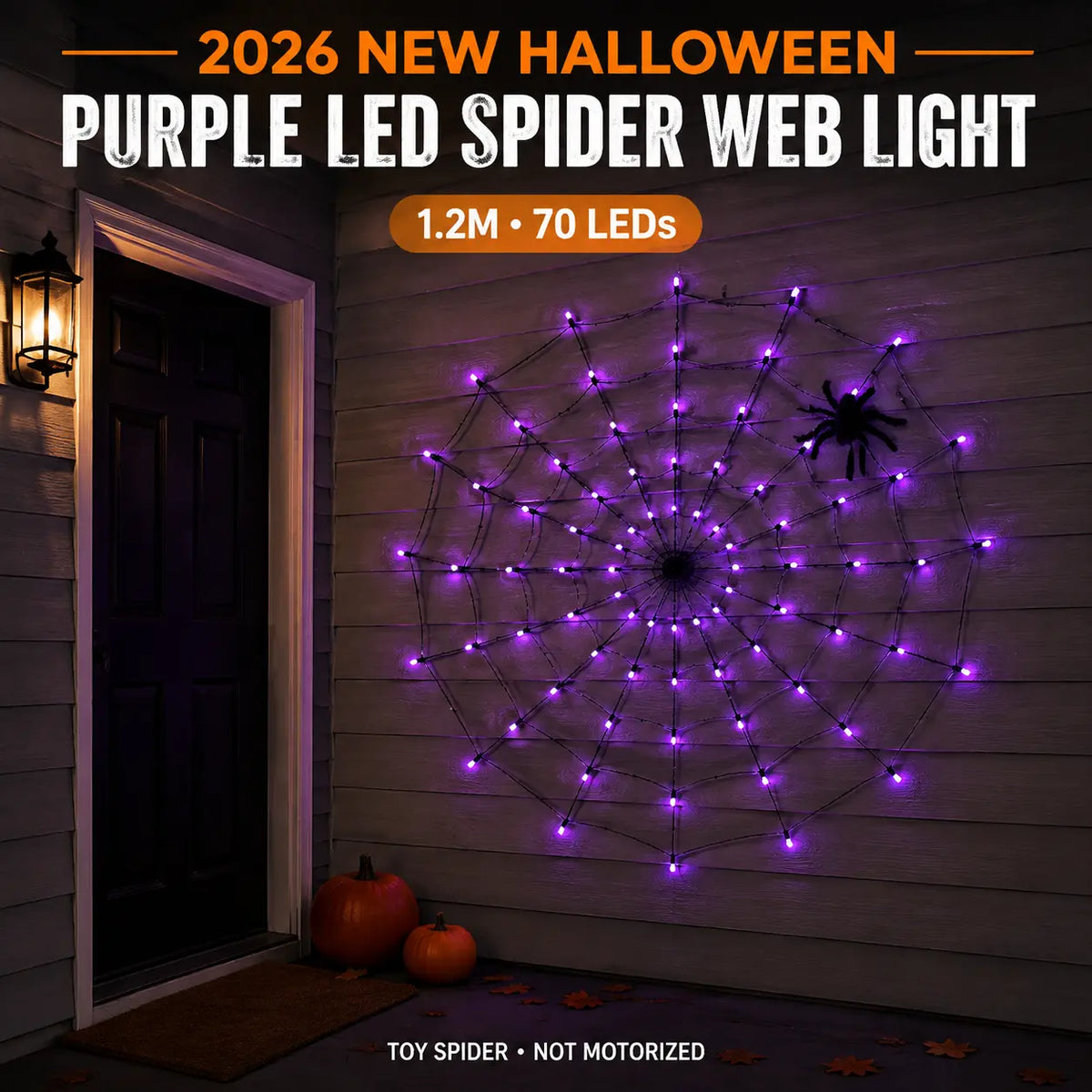 Purple LED Spider Web Lights, 70 LEDs with Plush Spider, Remote Control & 8 Lighting Modes for Halloween Decor