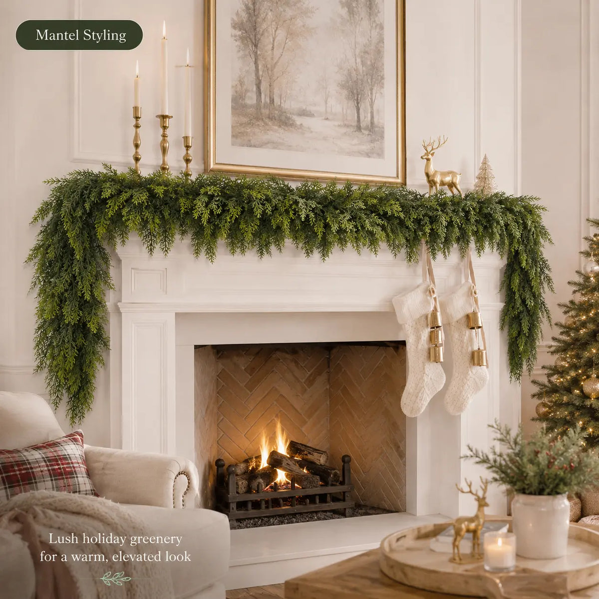 2-Pack 6 FT Artificial Cedar Garlands, Real-Touch Pine Greenery for Mantle, Wall & Holiday Decor