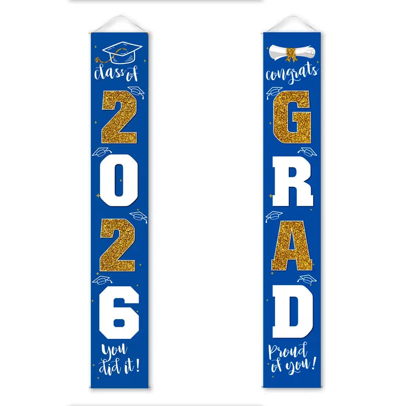 Class of 2026 Graduation Door Hanger, Blue & Silver Congrats Grad Porch Banner, Graduation Party Decoration