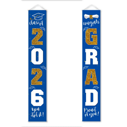 Class of 2026 Graduation Door Hanger, Blue & Silver Congrats Grad Porch Banner, Graduation Party Decoration