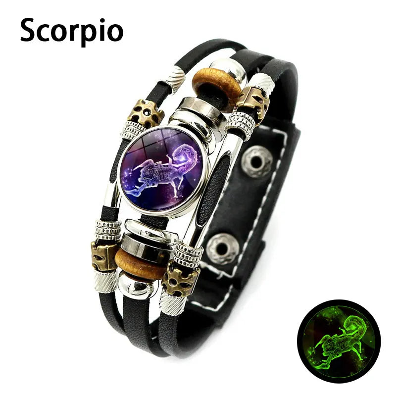 Glow-in-the-Dark Zodiac Leather Bracelet – 12 Sign Astrology Jewelry