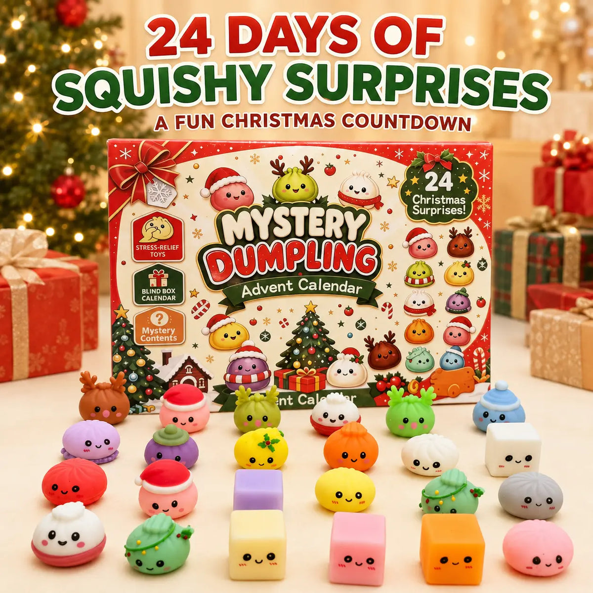 Christmas Mini Squishies Advent Calendar 2026, 24-Day Dumpling Squishy Toy Countdown with Glitter Toys for Kids