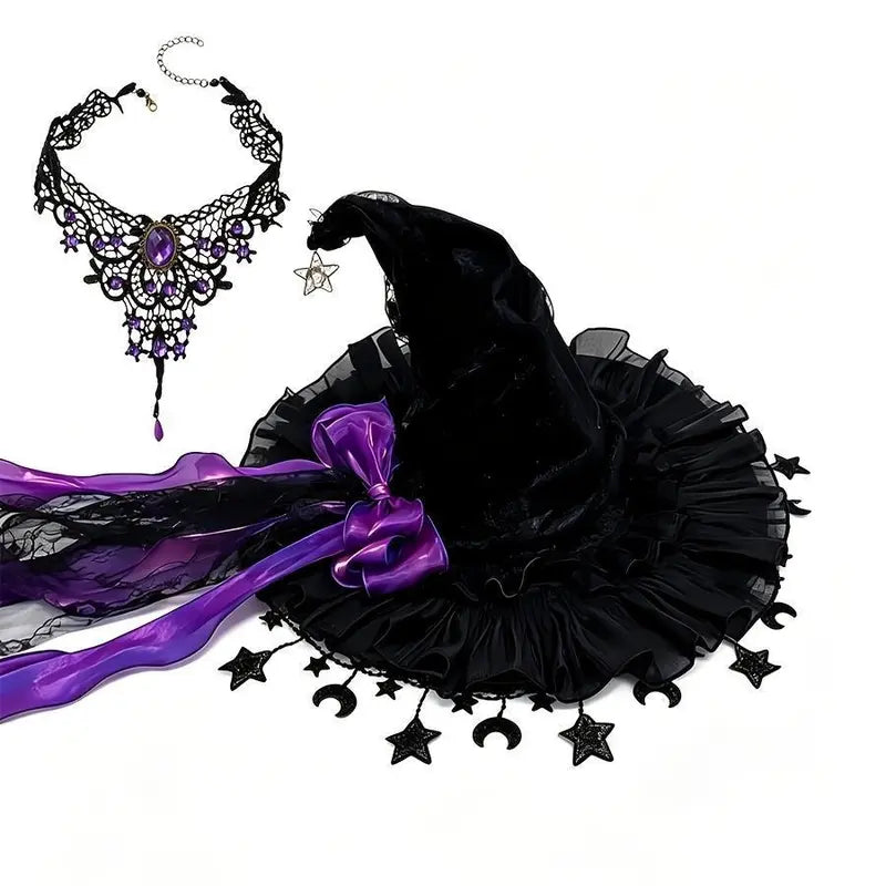 2-Piece Gothic Witch Hat & Moon Star Necklace Set – Starry Tulle Halloween Party Accessories
