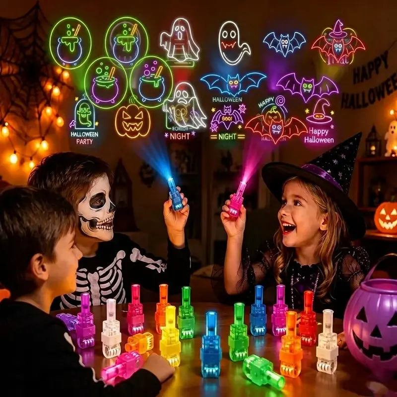 24Pcs Plastic LED Finger Projection Light Set with Halloween Patterns, Creepy Accessories for Halloween Costume, Spooky Glow Finger Flashlights Bulk with Included Cells, Kids Party Favors for Trick-or-Treat Events