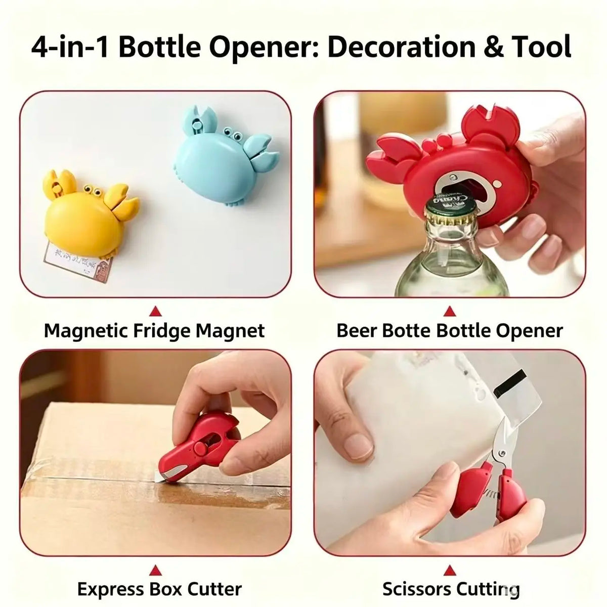 3-in-1 multifunctional crab bottle opener, fridge magnet, box cutter, cartoon portable magnetic scissors
