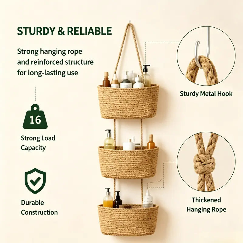 Woven cotton 3-Tier Over the Door Basket, Wall-Mounted Jute Bathroom Storage Organizer – Decorative Nursery Baskets, Perfect for Busy Mom/Dad to Store Diapers & Toys small basket Gift Hook laundry basket house organizers