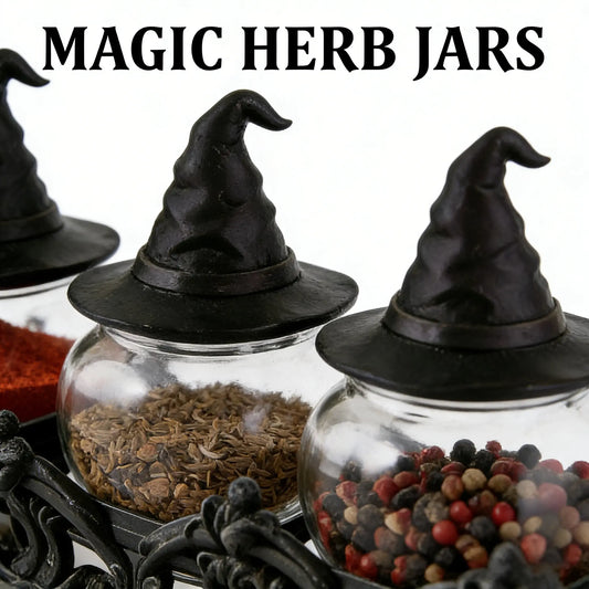 Witch Hat Spice Jar Set of 3 with Gothic Stand, Glass Seasoning Jars for Spices & Herbs, Halloween Kitchen Decor & Unique Gift