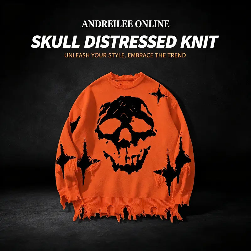 Distressed Fringe Knit Sweater – Oversized Orange Skull Jacquard Pullover with Ripped Details, Y2K Gothic Streetwear Style