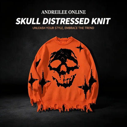 Distressed Fringe Knit Sweater – Oversized Orange Skull Jacquard Pullover with Ripped Details, Y2K Gothic Streetwear Style