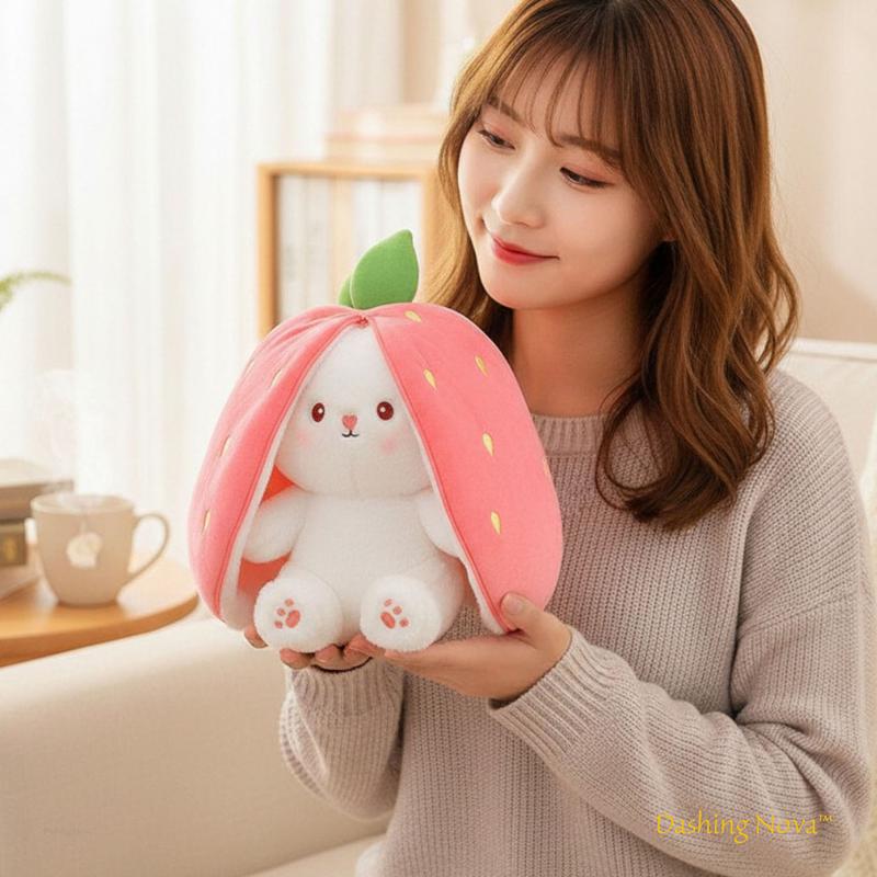 DASHING NOVA Reversible Strawberry Bunny Plush Toy, Soft Kawaii Transforming Hide-and-Seek Cuddly Stuffed Animal, Plushies for Birthday Gifts