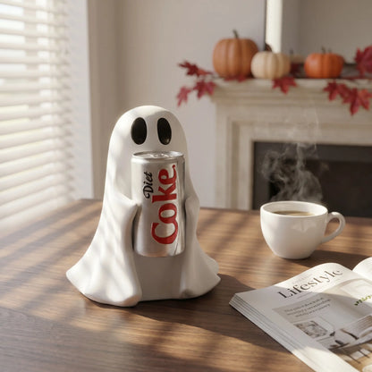 Halloween Ghost Holding Drink Resin Figurine, Cute Spooky Desk Decor & Holiday Gift