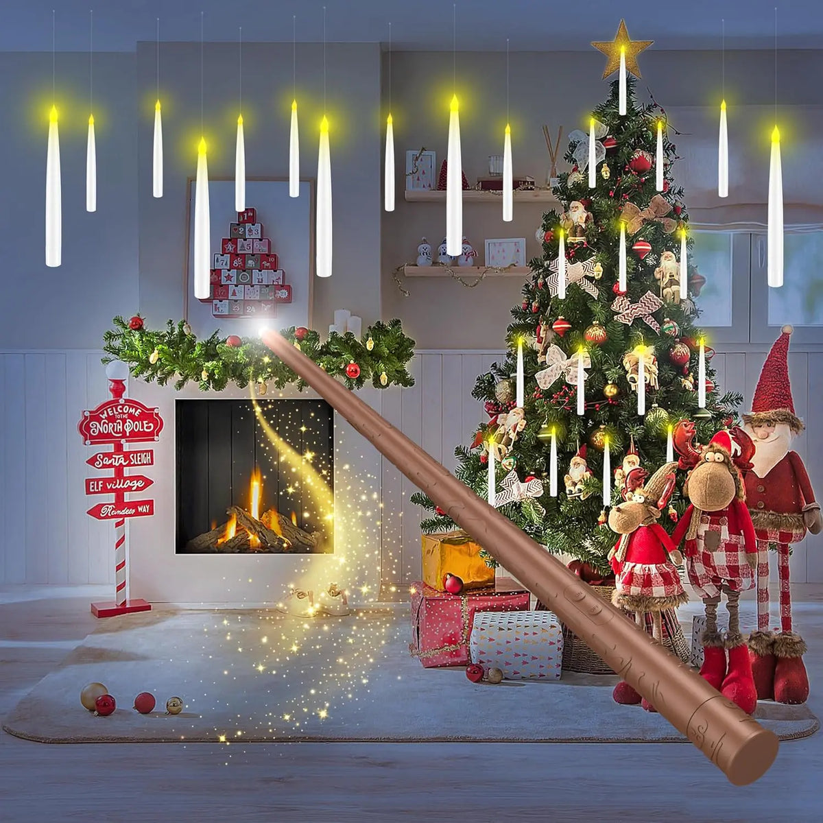 Flameless Floating Candles with Magic Wand Remote, Flickering LED Hanging Candles for Christmas & Halloween Decor