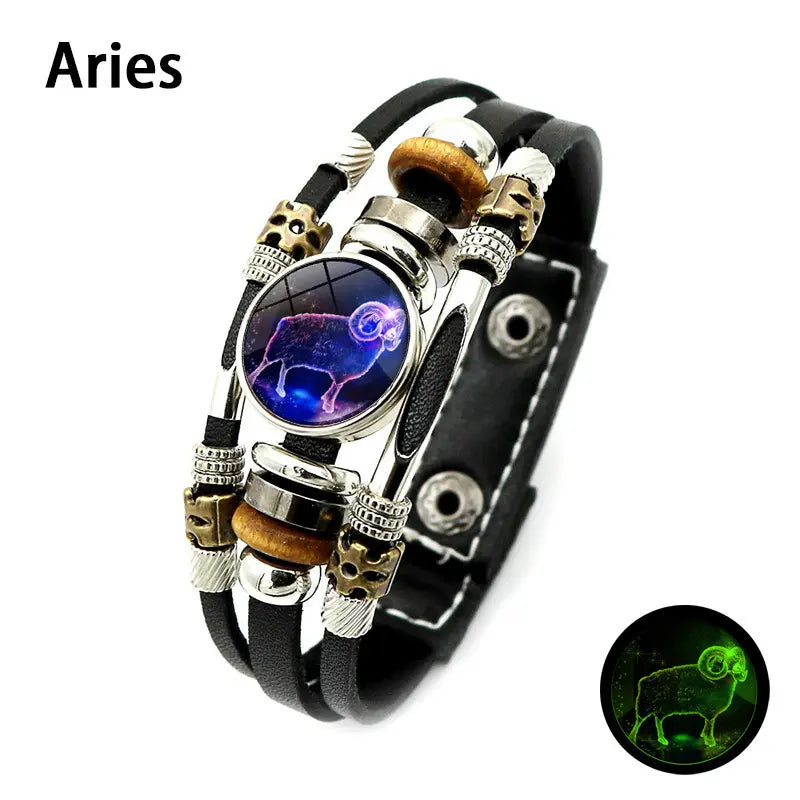 Glow-in-the-Dark Zodiac Leather Bracelet – 12 Sign Astrology Jewelry