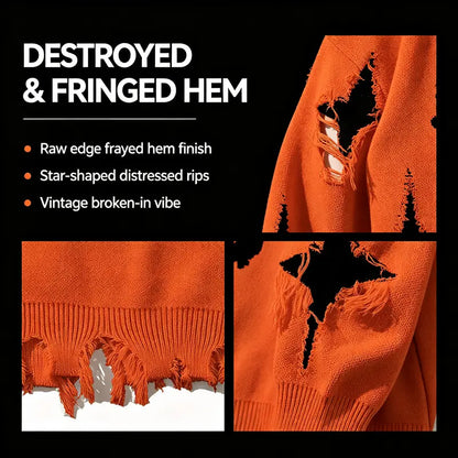 Distressed Fringe Knit Sweater – Oversized Orange Skull Jacquard Pullover with Ripped Details, Y2K Gothic Streetwear Style