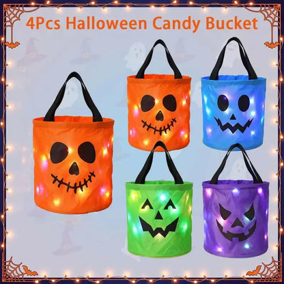 LED Halloween Pumpkin Candy Buckets & Goodie Bags, Reusable Trick-or-Treat Gift Set for Kids