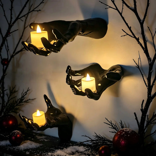 🎃 3PCS Halloween Creepy Hand Wall Decor with LED Candles, Spooky Gothic Haunted House Decoration 🕷️🕯️