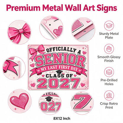 Class of 2027 Senior Metal Wall Art Sign, Retro Pink Graduation Decor, Back to School Photo Prop Poster, 8x12 Inch