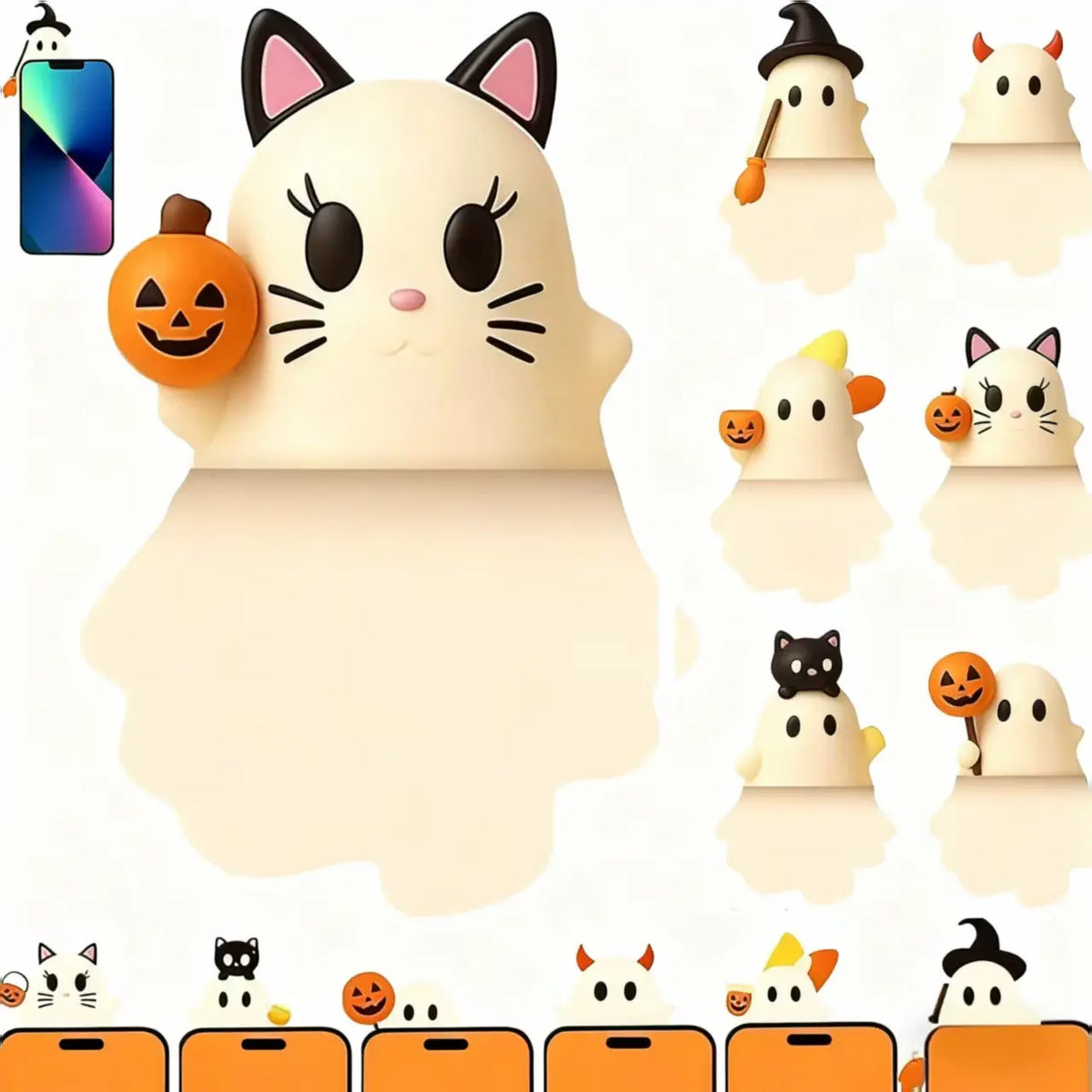 3D Halloween Phone Charms, 6-Pack Spooky Ghost, Pumpkin & Bat Decorations