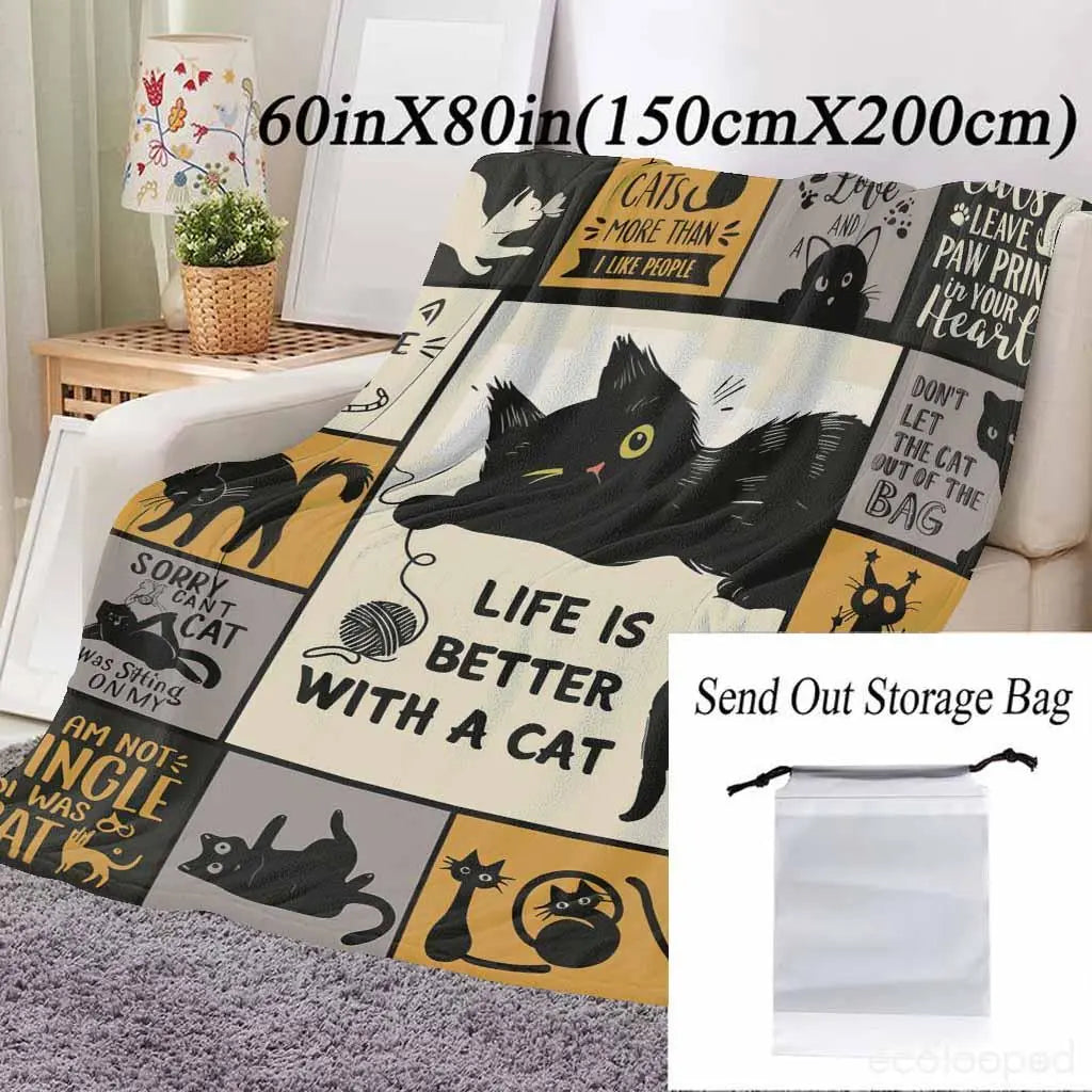 Halloween Cat Flannel Throw Blanket, Soft Warm Lightweight Paw Print Blanket for Cozy Home Decor