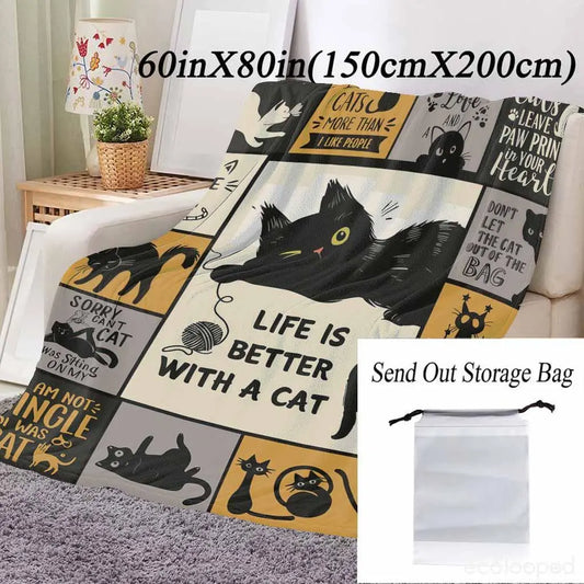 Halloween Cat Flannel Throw Blanket, Soft Warm Lightweight Paw Print Blanket for Cozy Home Decor