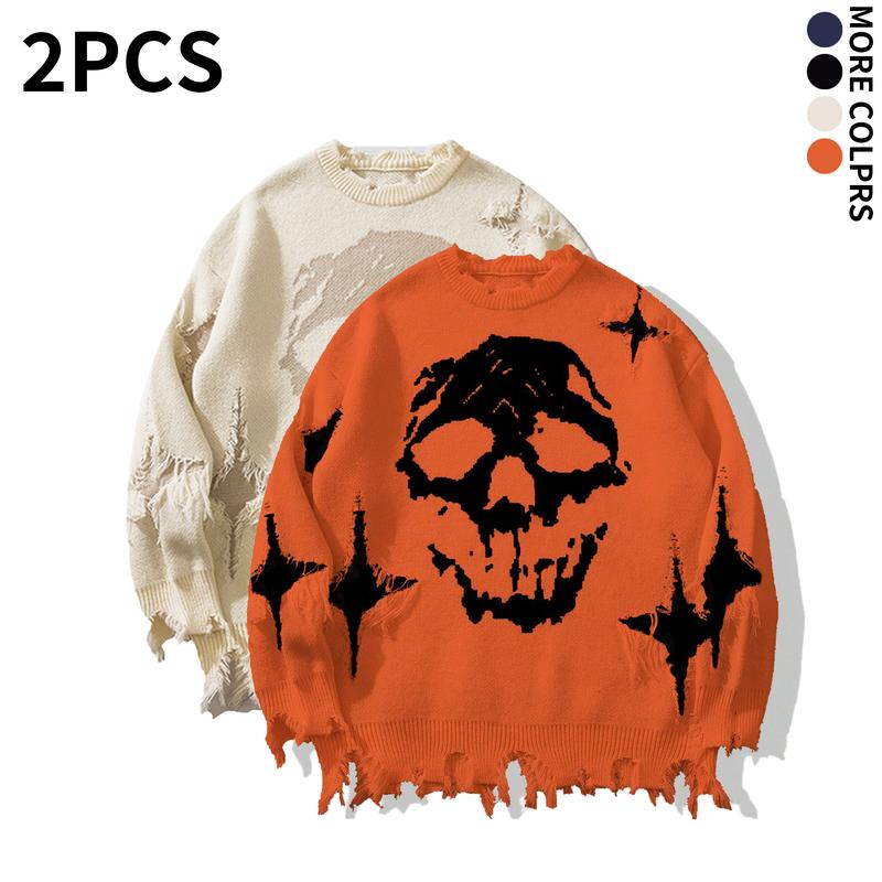 Distressed Fringe Knit Sweater – Oversized Orange Skull Jacquard Pullover with Ripped Details, Y2K Gothic Streetwear Style