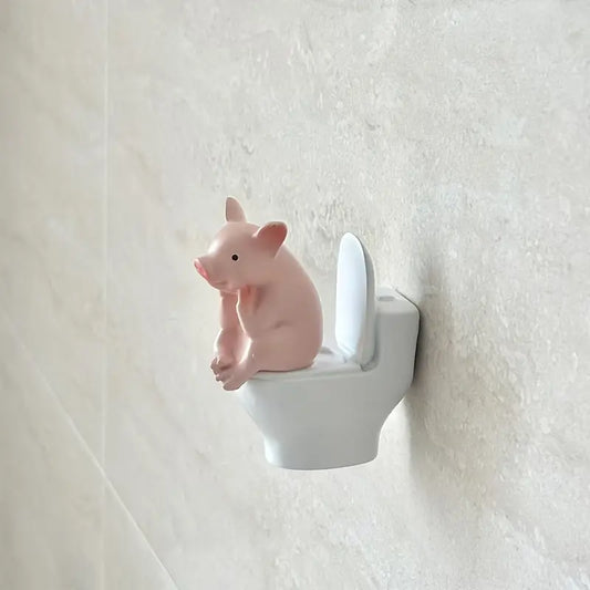 Funny Pig on Toilet Statue, Humorous Bathroom & Desk Decor, Playful Home Office Gift