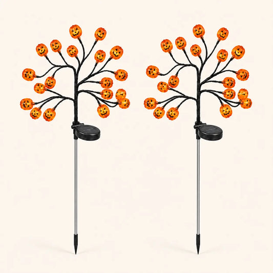 Solar Halloween Pumpkin Tree Stake Lights, 20-Head Jack-O’-Lantern Outdoor Yard Decor with Flashing Modes