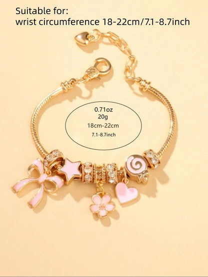 Cute Bow & Heart & Flower Design Charm Bracelet, Rhinestone Decorated Bracelet for Women & Girls, Bracelet for Birthday Gift, Fashionable Bracelet, Fashionable Bracelet Style