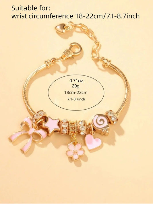 Cute Bow & Heart & Flower Design Charm Bracelet, Rhinestone Decorated Bracelet for Women & Girls, Bracelet for Birthday Gift, Fashionable Bracelet, Fashionable Bracelet Style
