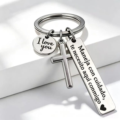 Maneja Con Cuidado Te Necesito Aquí Conmigo Keychain with Cross & "I Love You" Charm, Spanish Drive Safe Stainless Steel Keyring, Romantic Religious Gift for Him/Her Adjustable Heart Rate Couples Bracelet Set Rotating Retractable Reading Badge Holder, Key