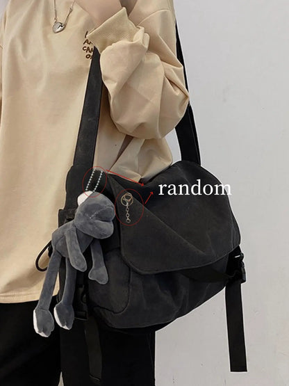 Men's Canvas Crossbody Bag with Cartoon Charm