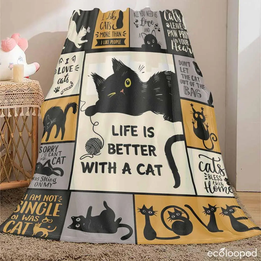 Halloween Cat Flannel Throw Blanket, Soft Warm Lightweight Paw Print Blanket for Cozy Home Decor