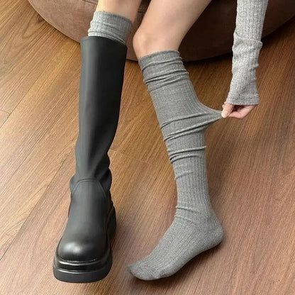 Fall Winter Women Solid Color Slouchy Stackable Knee‑High Socks, Soft Pure Cotton Warm Calf Socks, Cozy Casual Boot Socks for Daily Wear & Matching Boots
