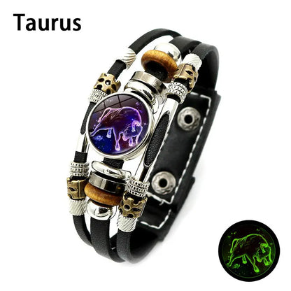 Glow-in-the-Dark Zodiac Leather Bracelet – 12 Sign Astrology Jewelry