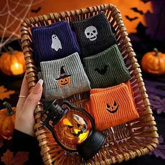 5 Pairs Women's Halloween Embroidered Crew Socks, Cozy Pumpkin, Ghost, Witch & Bat Designs, Soft Warm Fall Winter Socks