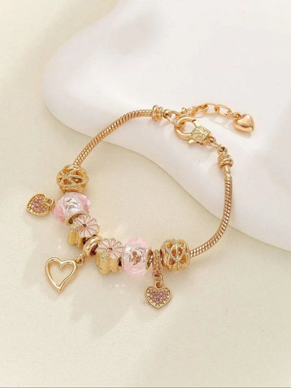 Cute Bow & Heart & Flower Design Charm Bracelet, Rhinestone Decorated Bracelet for Women & Girls, Bracelet for Birthday Gift, Fashionable Bracelet, Fashionable Bracelet Style