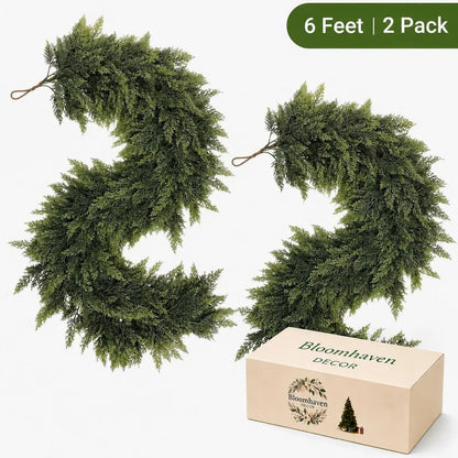 2-Pack 6 FT Artificial Cedar Garlands, Real-Touch Pine Greenery for Mantle, Wall & Holiday Decor