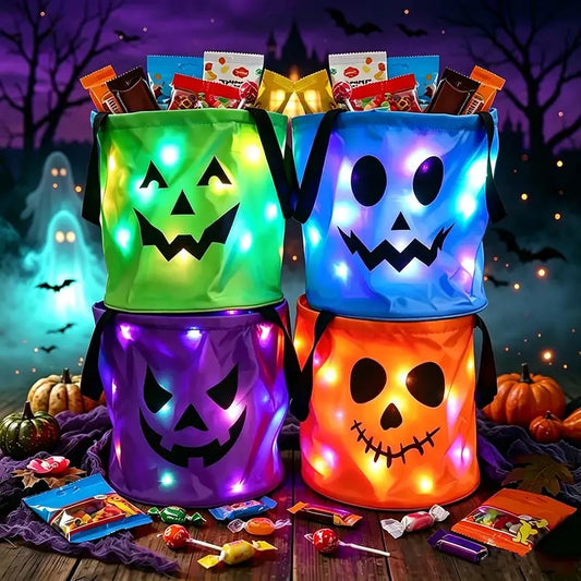 LED Halloween Pumpkin Candy Buckets & Goodie Bags, Reusable Trick-or-Treat Gift Set for Kids