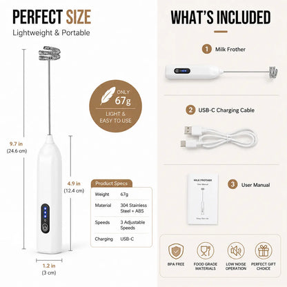 Electric Handheld Milk Frother – USB-C Rechargeable Stainless Steel Foam Maker