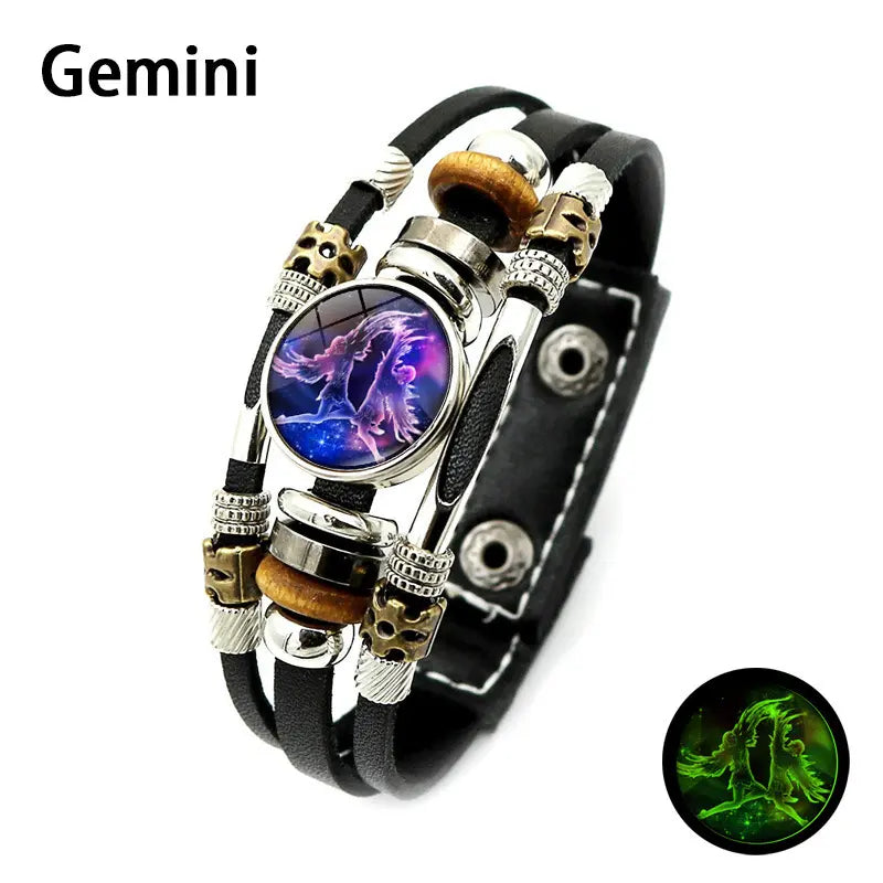 Glow-in-the-Dark Zodiac Leather Bracelet – 12 Sign Astrology Jewelry