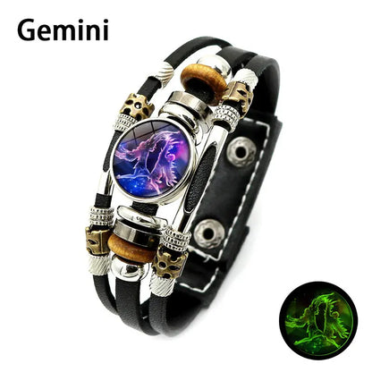 Glow-in-the-Dark Zodiac Leather Bracelet – 12 Sign Astrology Jewelry