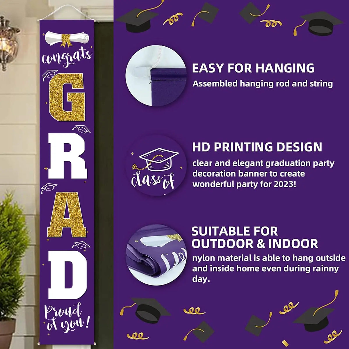 Class of 2026 Graduation Door Hanger, Blue & Silver Congrats Grad Porch Banner, Graduation Party Decoration
