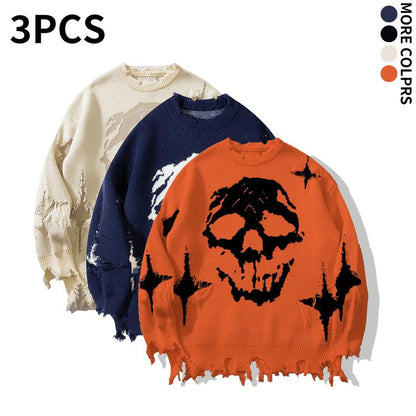 Distressed Fringe Knit Sweater – Oversized Orange Skull Jacquard Pullover with Ripped Details, Y2K Gothic Streetwear Style